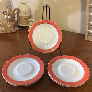 Vintage Pyrex, Pink & Gold, 1950’s, Teacup Saucers, Set of 9